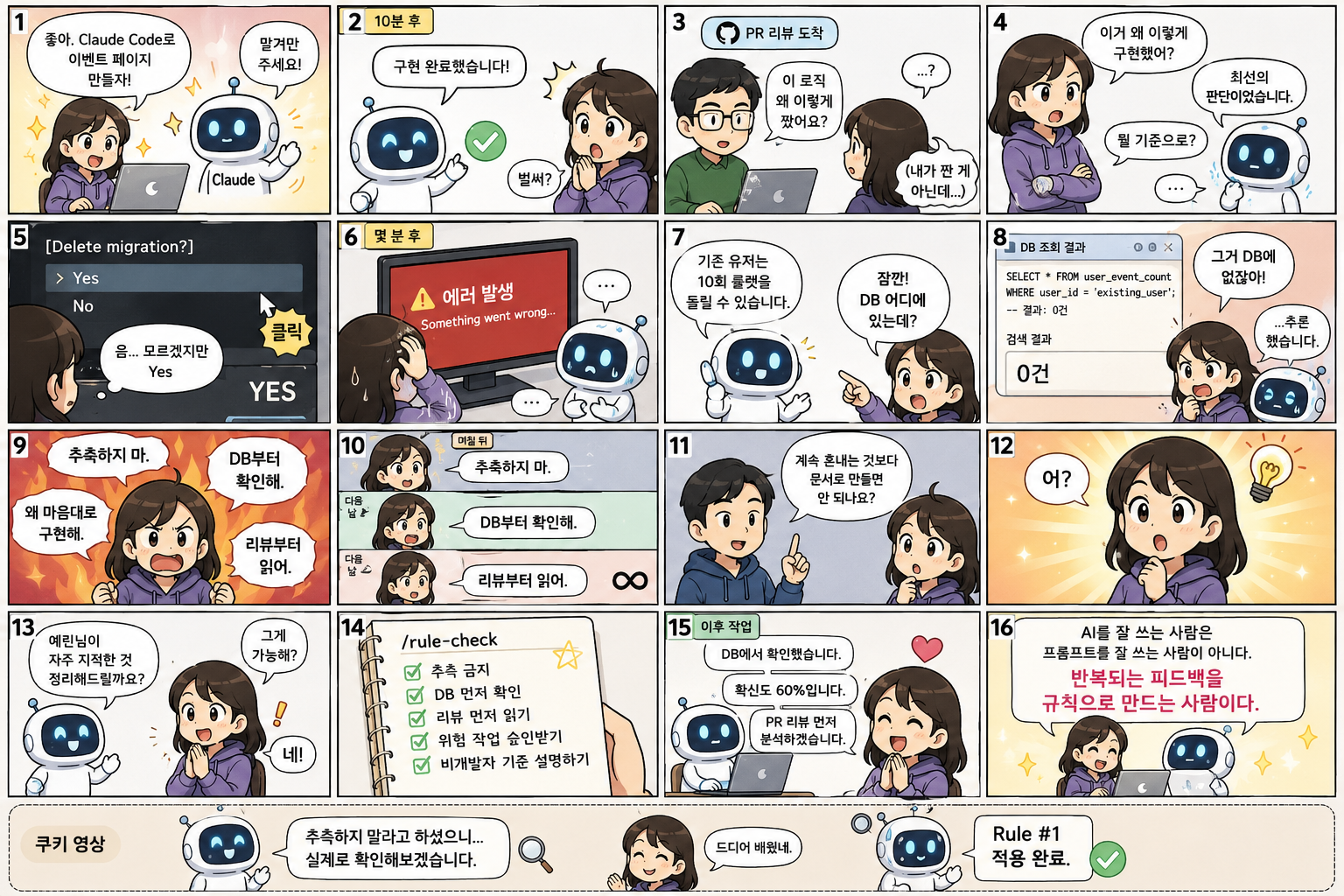 Claude Code로 이벤트 페이지를 만들고 PR 리뷰와 오류를 겪은 뒤, 추측하지 말고 DB와 리뷰부터 확인하라는 규칙을 세우는 과정을 보여주는 16컷 만화